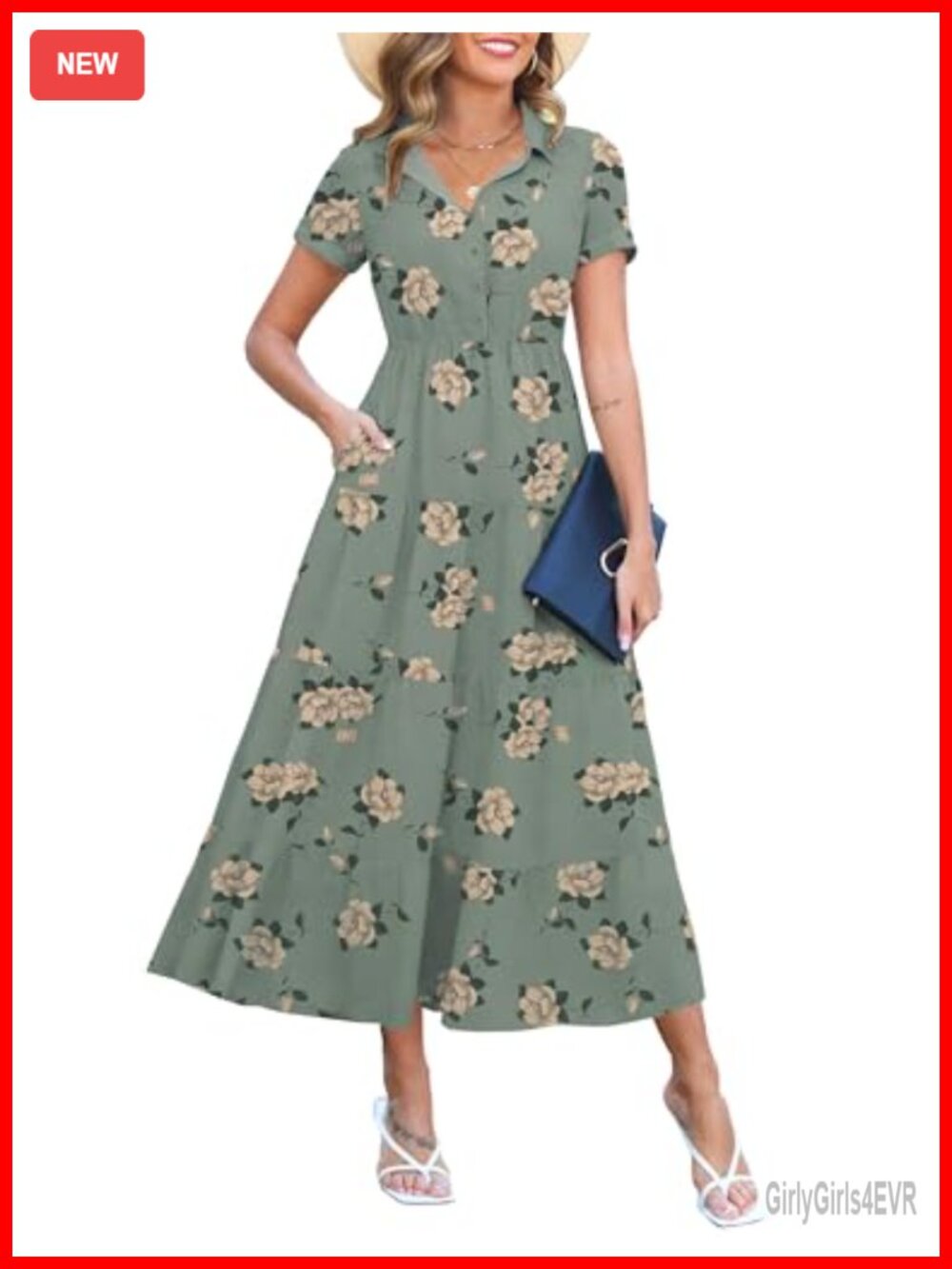 Chiffon Floral Maxi Dress Collared V Neck Button Down Tiered Pockets